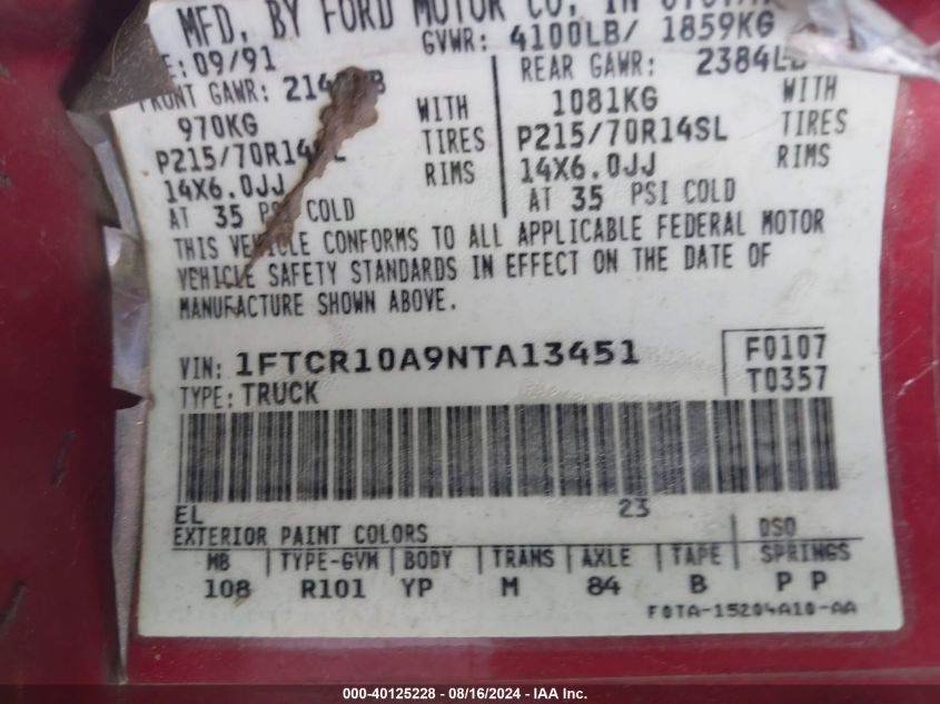 1992 Ford Ranger VIN: 1FTCR10A9NTA13451 Lot: 40125228