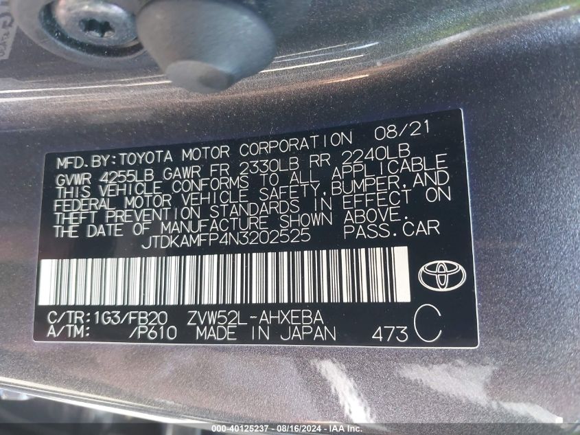 2022 Toyota Prius Prime Le VIN: JTDKAMFP4N3202525 Lot: 40125237