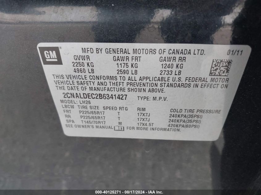 2011 Chevrolet Equinox Lt VIN: 2CNALDEC2B6341427 Lot: 40125271