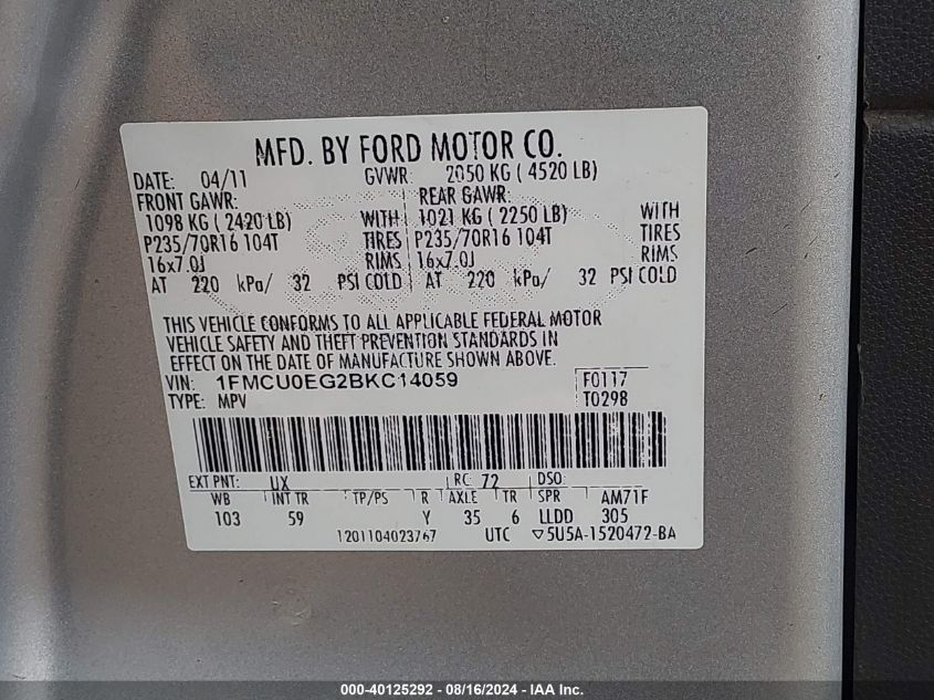 2011 Ford Escape Limited VIN: 1FMCU0EG2BKC14059 Lot: 40125292