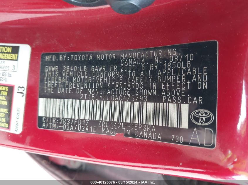 2010 Toyota Corolla S VIN: 2T1BU4EE0AC475793 Lot: 40125376