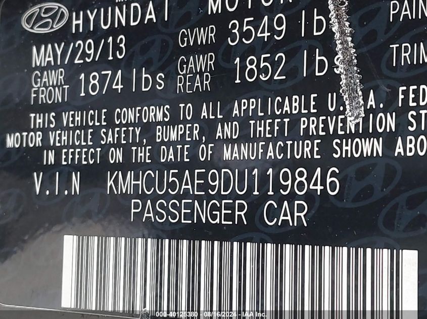 2013 Hyundai Accent Se VIN: KMHCU5AE9DU119846 Lot: 40125380