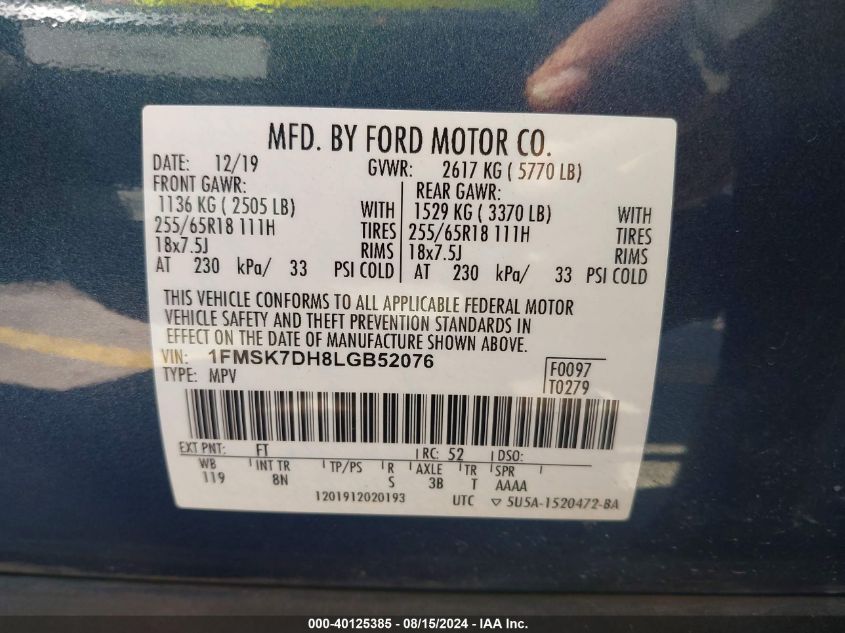 2020 Ford Explorer Xlt VIN: 1FMSK7DH8LGB52076 Lot: 40125385