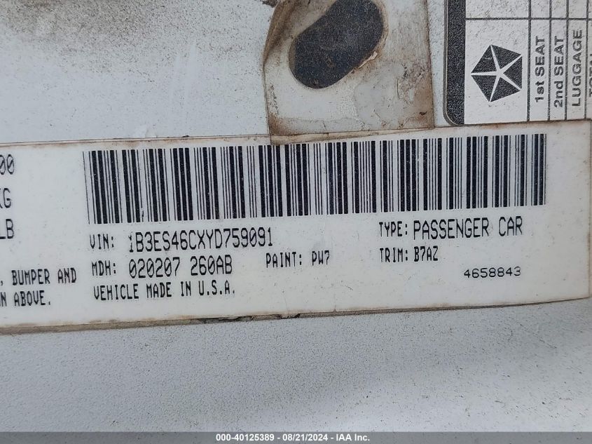 2000 Dodge Neon Es VIN: 1B3ES46CXYD759091 Lot: 40125389