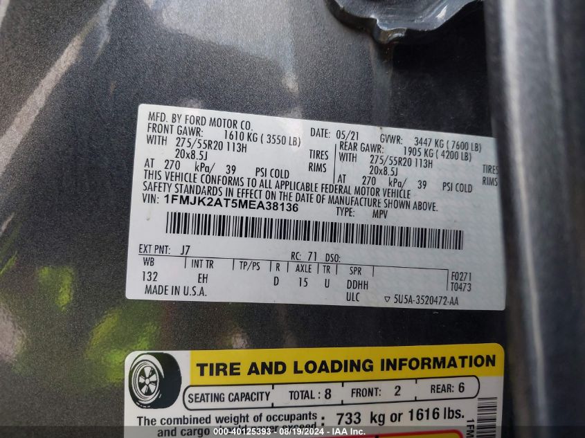 2021 Ford Expedition Limited Max VIN: 1FMJK2AT5MEA38136 Lot: 40125393