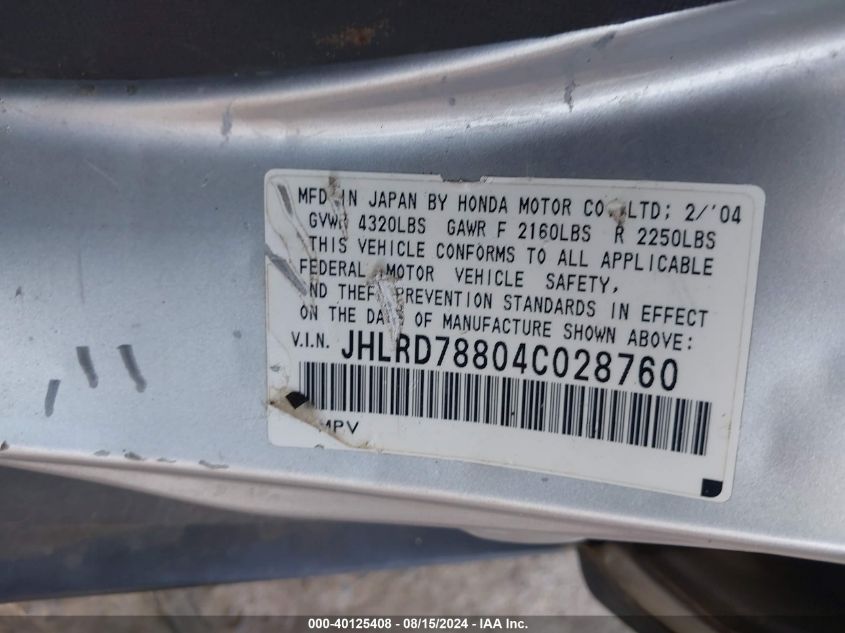 2004 Honda Cr-V Ex VIN: JHLRD78804C028760 Lot: 40125408