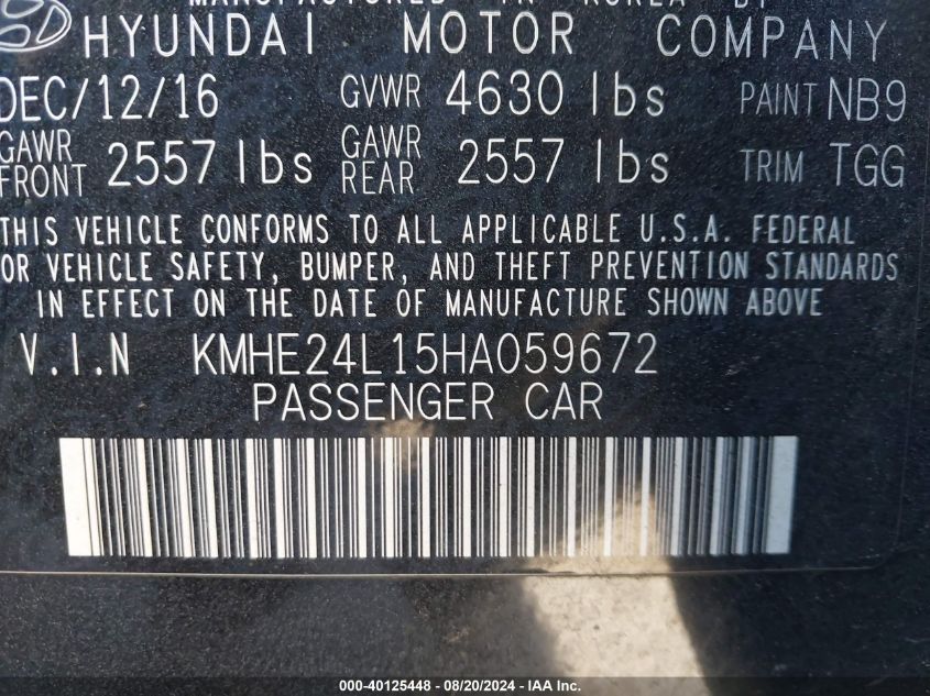 2017 Hyundai Sonata Hybrid/Se VIN: KMHE24L15HA059672 Lot: 40125448