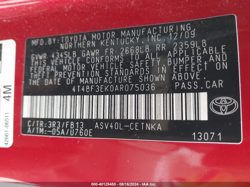 2010 Toyota Camry Le VIN: 4T4BF3EK0AR075036 Lot: 40125450