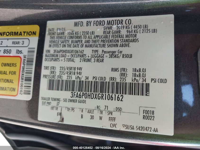 2016 FORD FUSION SE - 3FA6P0HDXGR106162