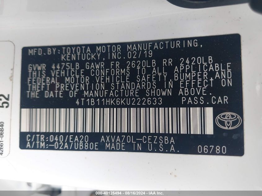 4T1B11HK6KU222633 2019 Toyota Camry Se