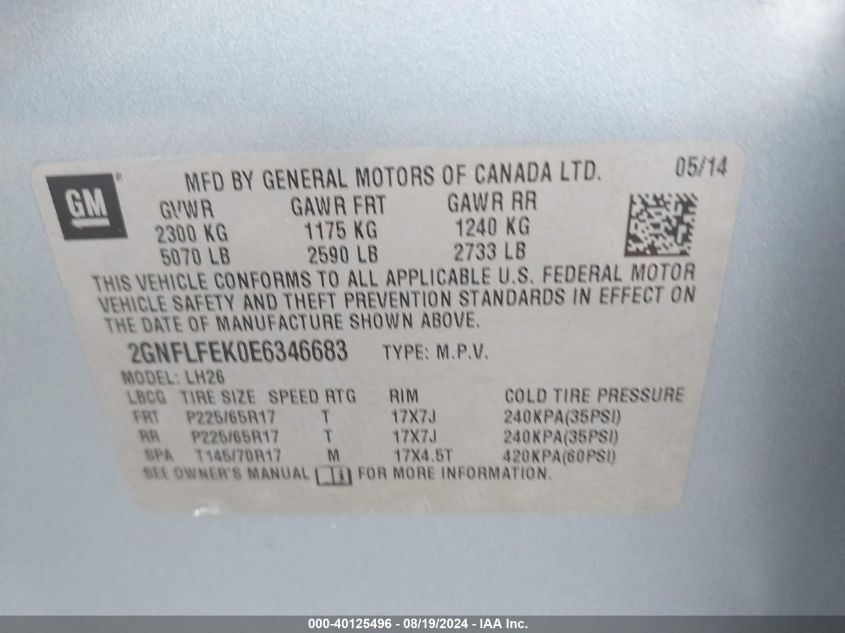 2014 Chevrolet Equinox 1Lt VIN: 2GNFLFEK0E6346683 Lot: 40125496