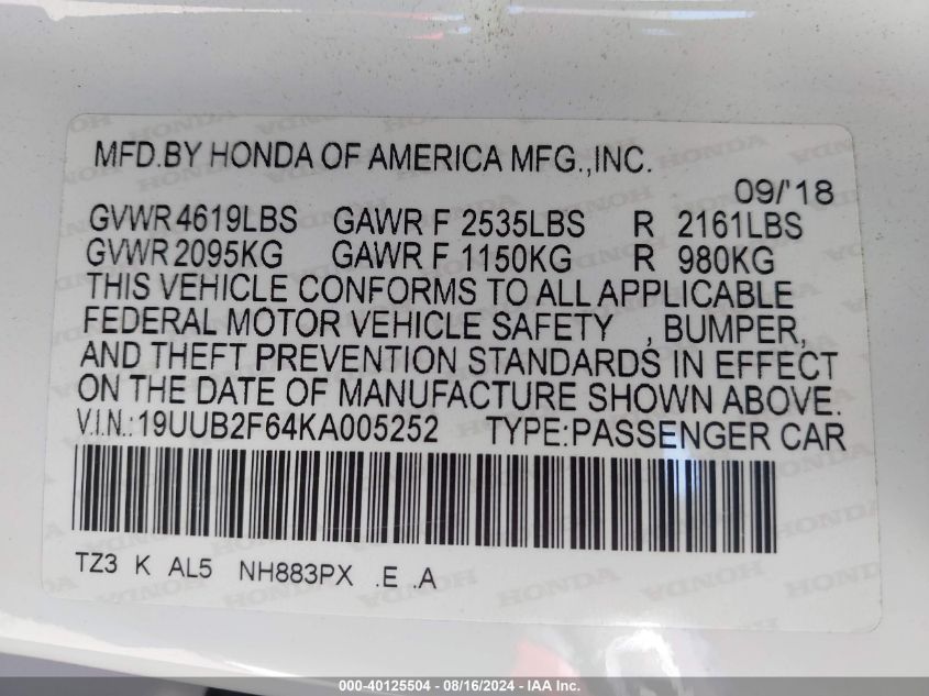 VIN 19UUB2F64KA005252 2019 ACURA TLX TECH   A-SPEC PKGS