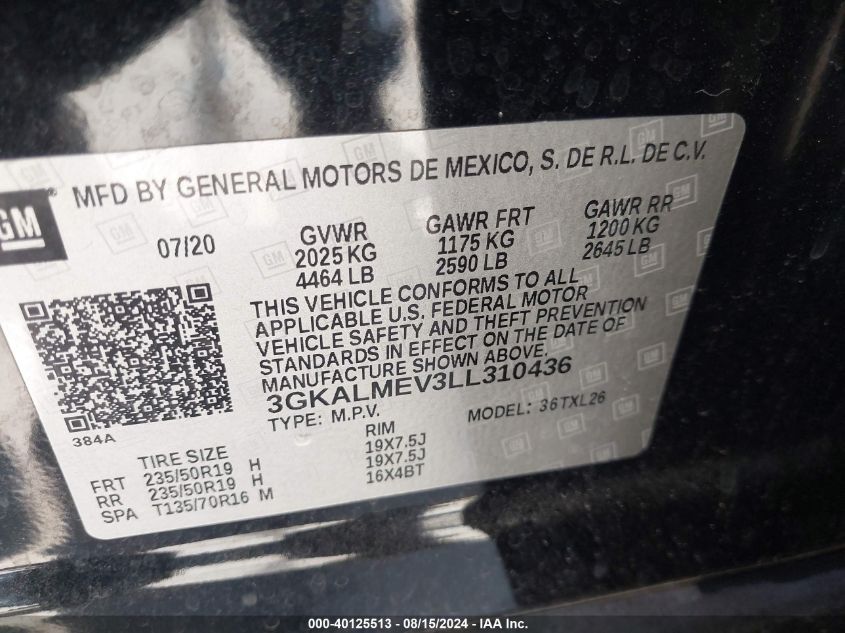 2020 GMC Terrain Fwd Sle VIN: 3GKALMEV3LL310436 Lot: 40125513