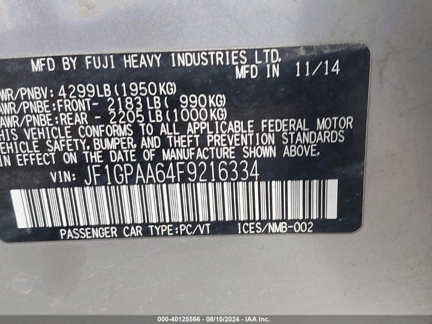 2015 Subaru Impreza 2.0I VIN: JF1GPAA64F9216334 Lot: 40125566