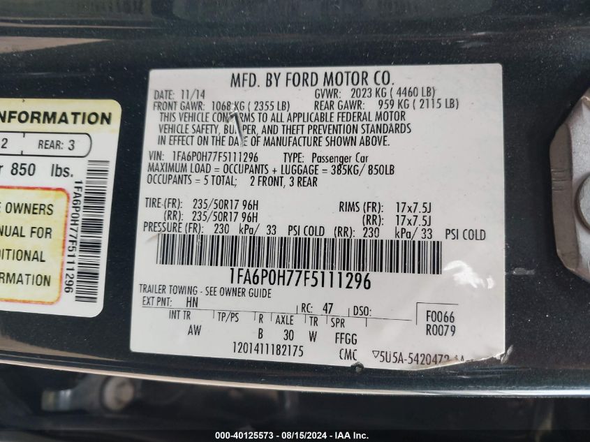 2015 Ford Fusion Se VIN: 1FA6P0H77F5111296 Lot: 40125573