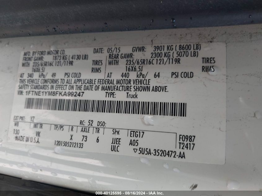 2015 Ford Transit-150 VIN: 1FTNE1YM8FKA99247 Lot: 40125595