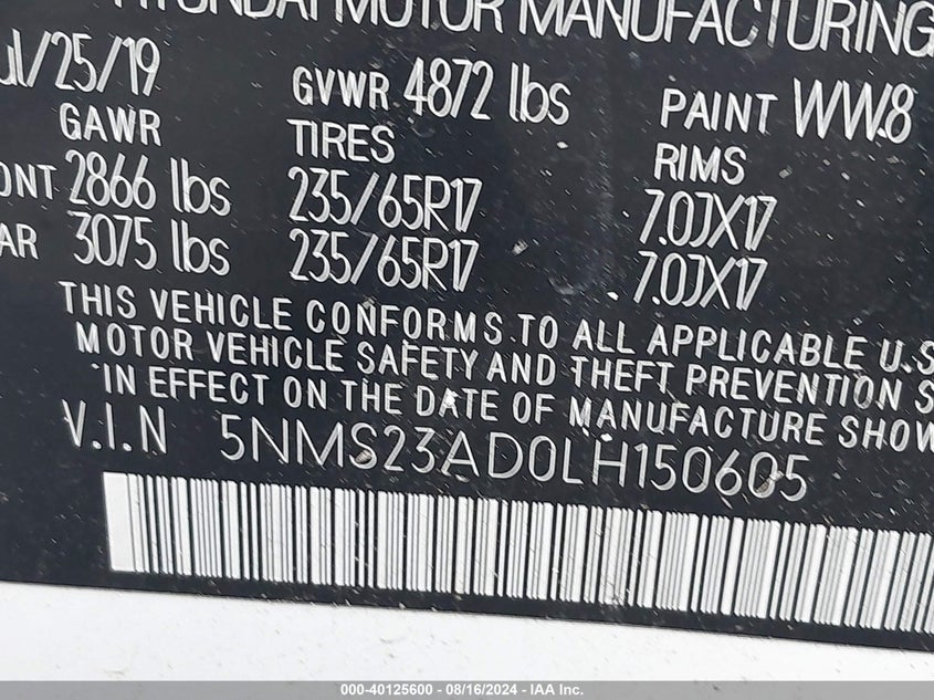 VIN 5NMS23AD0LH150605 2020 HYUNDAI SANTA FE SE