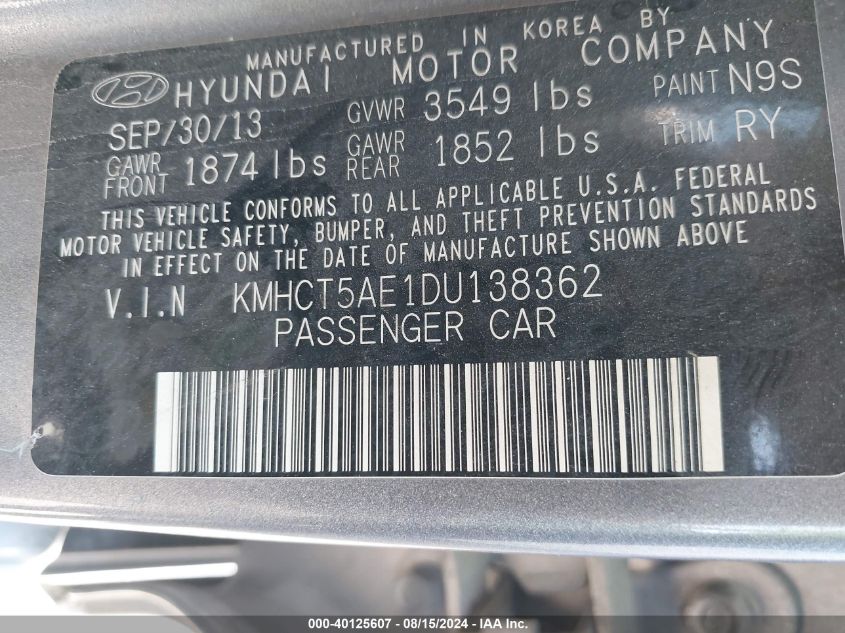 2013 Hyundai Accent Gs VIN: KMHCT5AE1DU138362 Lot: 40125607