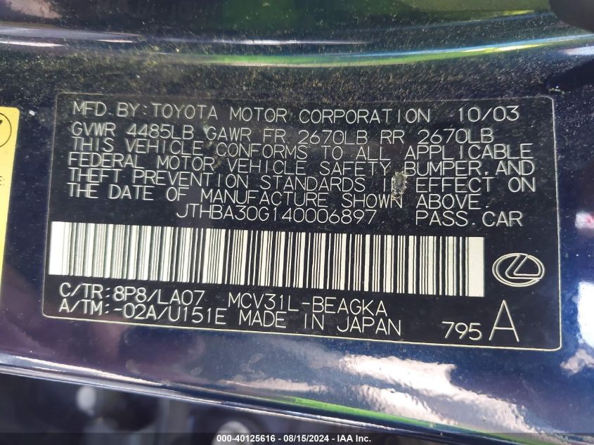 2004 Lexus Es 330 330 VIN: JTHBA30G140006897 Lot: 40125616