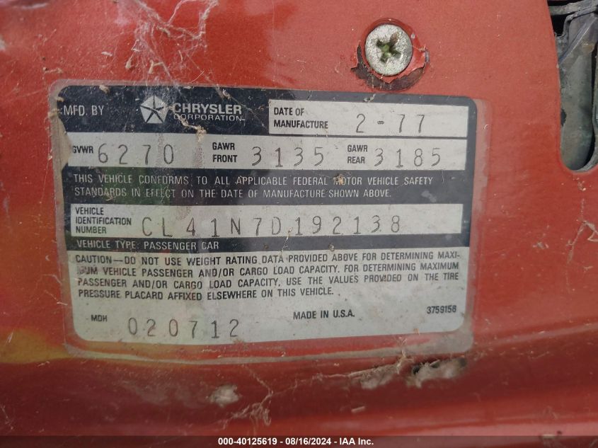 1977 Chrysler Newport VIN: CL41N7D192138 Lot: 40125619