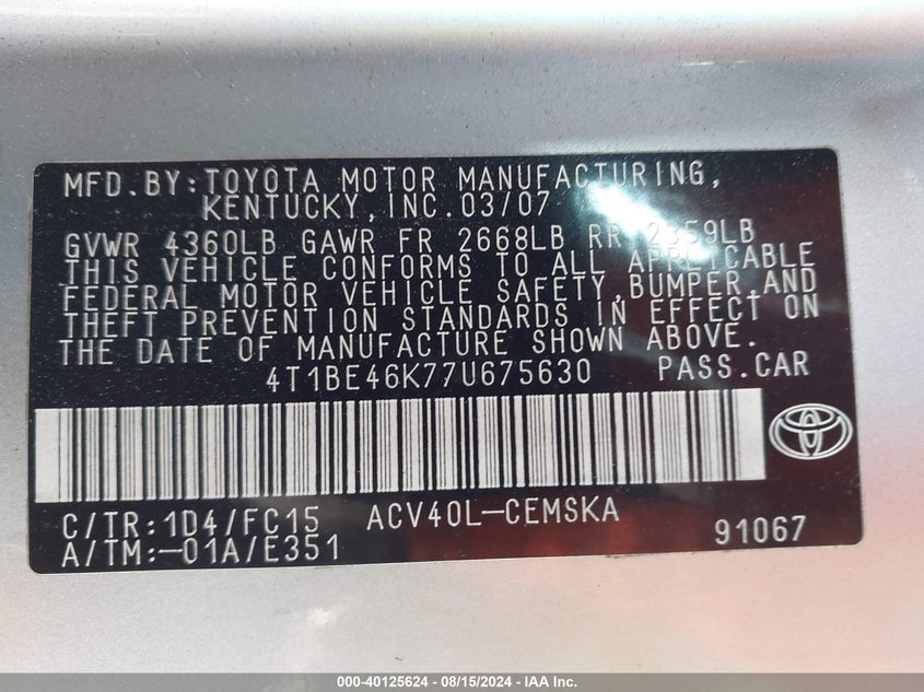 2007 Toyota Camry Se VIN: 4T1BE46K77U675630 Lot: 40125624