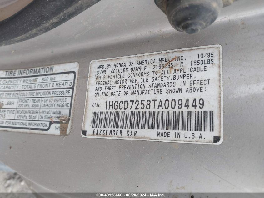 1996 Honda Accord Ex/Ex-R VIN: 1HGCD7258TA009449 Lot: 40125660