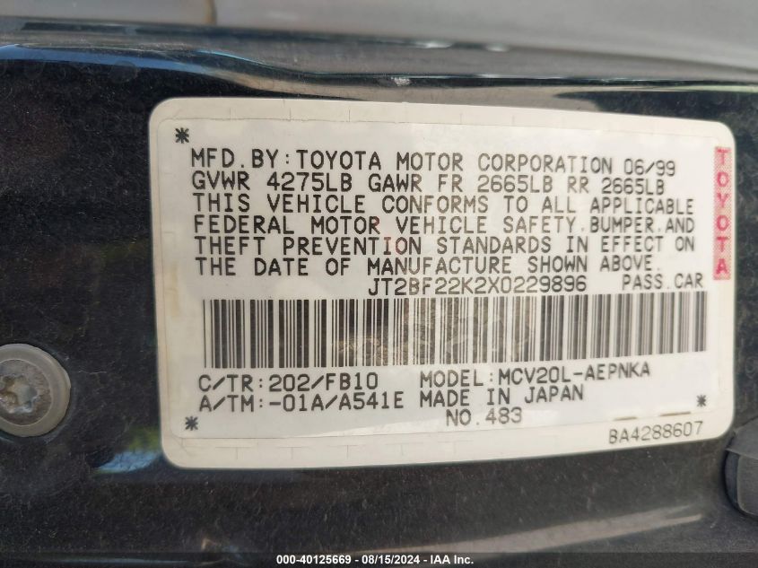 JT2BF22K2X0229896 1999 Toyota Camry