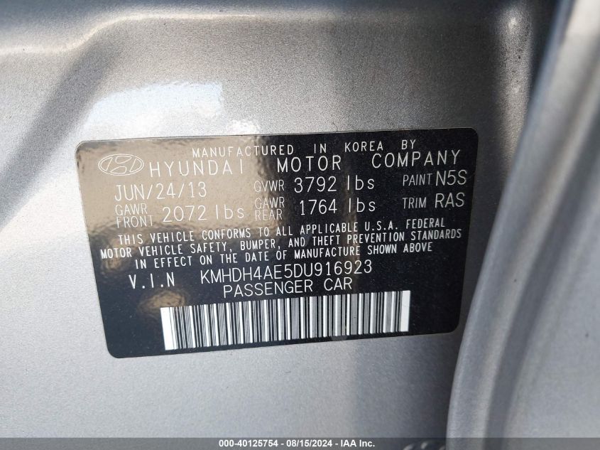 2013 Hyundai Elantra Gls VIN: KMHDH4AE5DU916923 Lot: 40125754