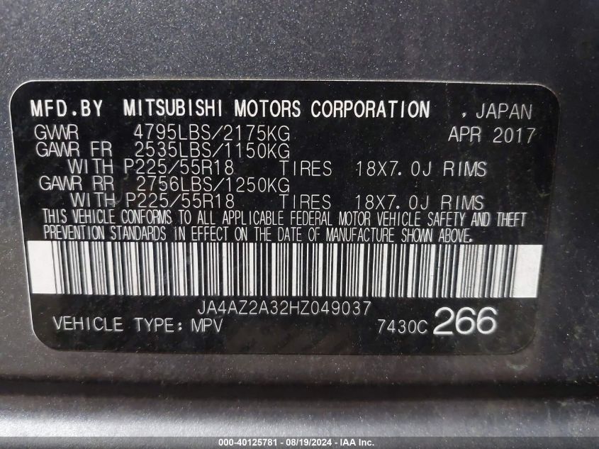 2017 Mitsubishi Outlander Es VIN: JA4AZ2A32HZ049037 Lot: 40125781