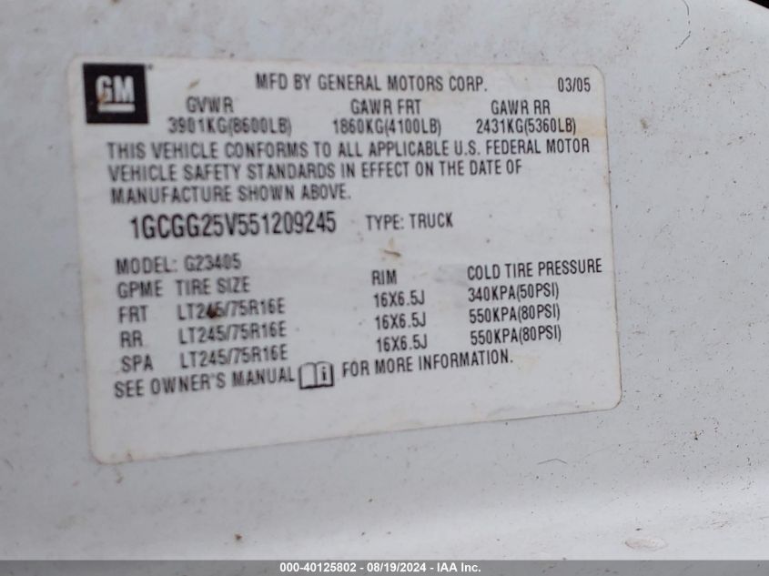 2005 Chevrolet Express VIN: 1GCGG25V551209245 Lot: 40125802