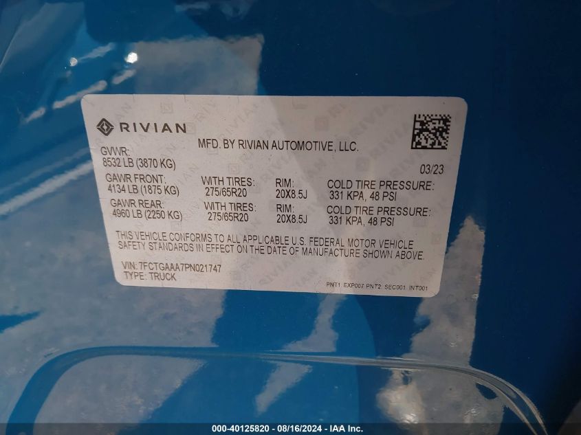 7FCTGAAA7PN021747 2023 Rivian R1T Adventure Quad Motor Large Pack