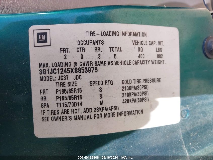 1999 Chevrolet Cavalier VIN: 3G1JC1245XS853975 Lot: 40125908