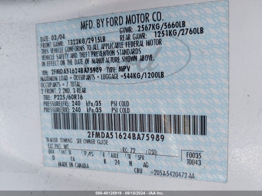 2004 Ford Freestar Se VIN: 2FMDA51624BA75989 Lot: 40125919