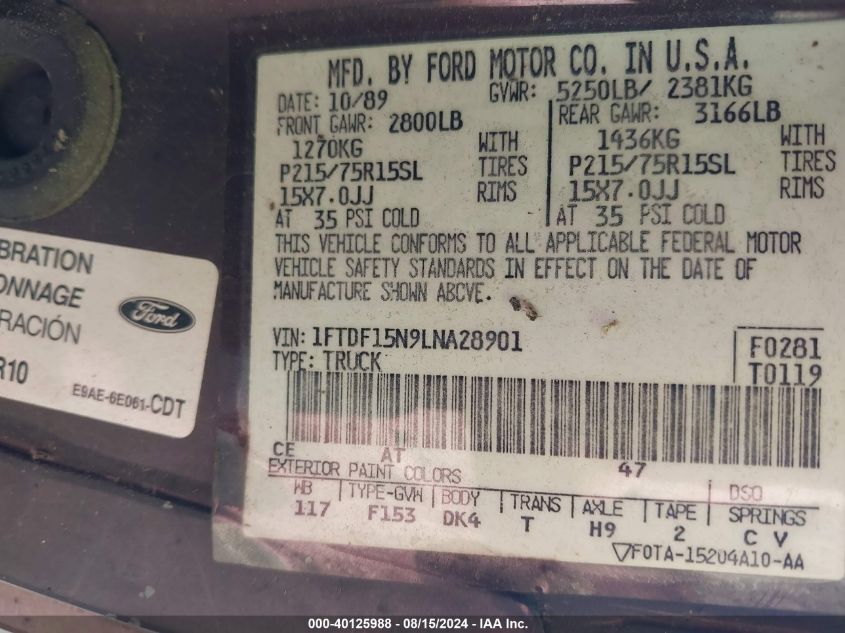 1990 Ford F150 VIN: 1FTDF15N9LNA28901 Lot: 40125988