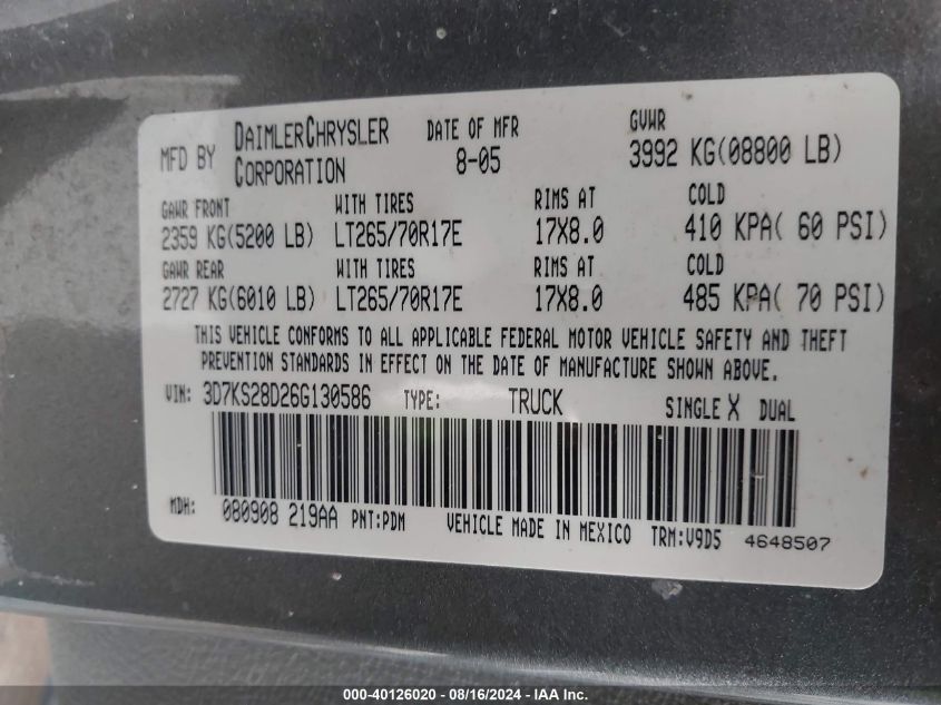 2006 Dodge Ram 2500 Slt/Trx4 Off Road/Sport/Power Wagon VIN: 3D7KS28D26G130586 Lot: 40126020