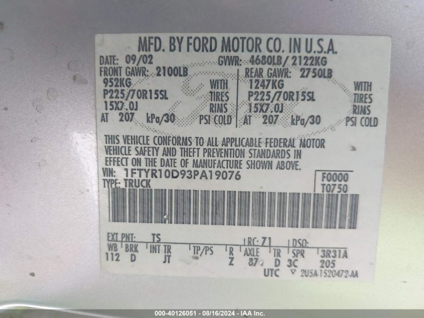 2003 Ford Ranger Xl/Xlt VIN: 1FTYR10D93PA19076 Lot: 40126051