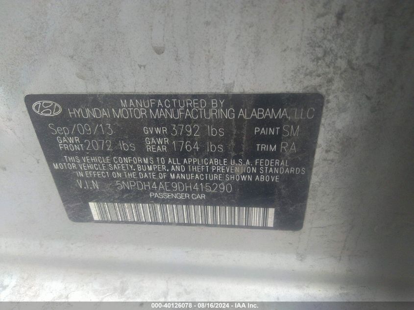 2013 Hyundai Elantra Gls VIN: 5NPDH4AE9DH415290 Lot: 40126078