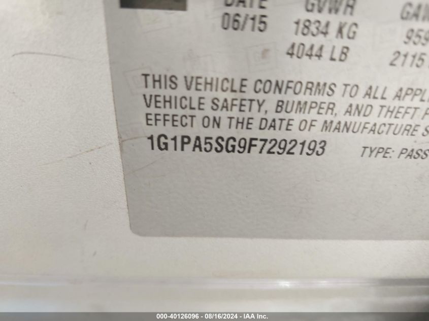 2015 Chevrolet Cruze Ls Auto VIN: 1G1PA5SG9F7292193 Lot: 40126096
