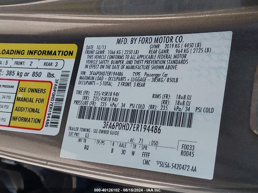 2014 FORD FUSION SE - 3FA6P0HD7ER194486