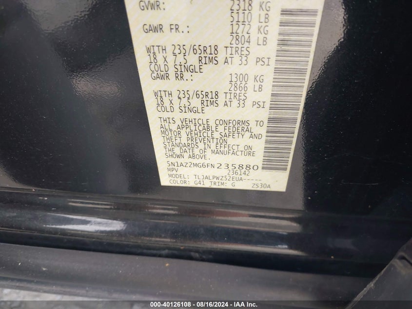 2015 Nissan Murano S VIN: 5N1AZ2MG6FN235880 Lot: 40126108