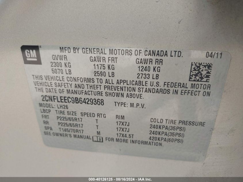 2011 Chevrolet Equinox 1Lt VIN: 2CNFLEEC9B6429368 Lot: 40126125