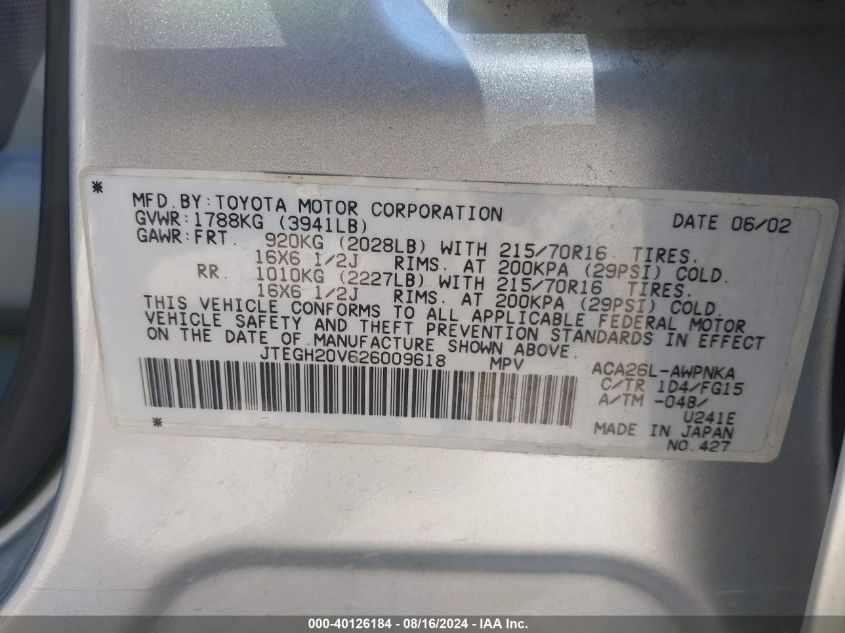 2002 Toyota Rav4 VIN: JTEGH20V626009618 Lot: 40126184