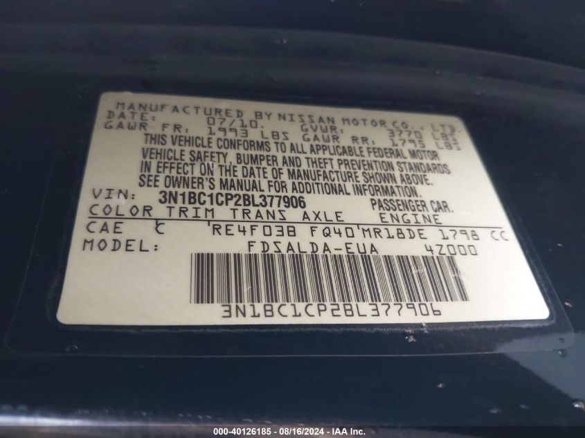 2011 Nissan Versa 1.8S VIN: 3N1BC1CP2BL377906 Lot: 40126185