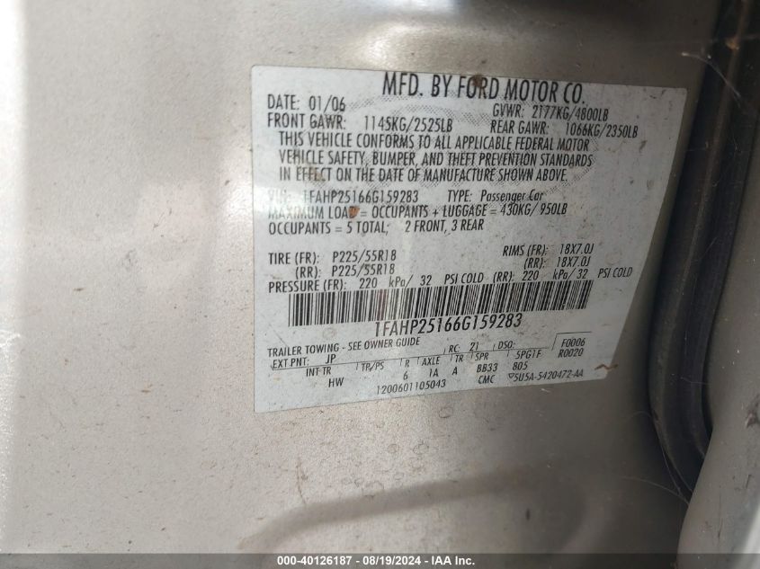 2006 Ford Five Hundred Limited VIN: 1FAHP25166G159283 Lot: 40126187