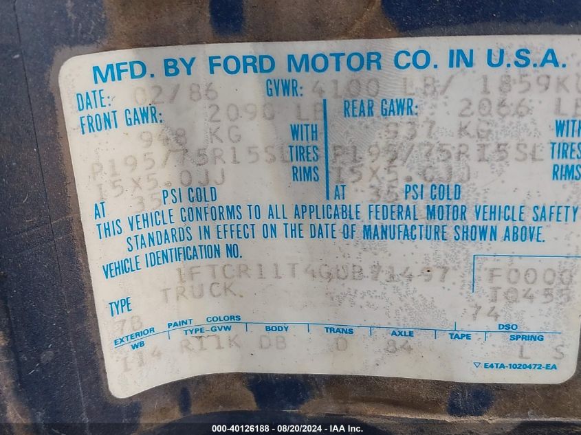 1986 Ford Ranger VIN: 1FTCR11T4GUB71497 Lot: 40126188