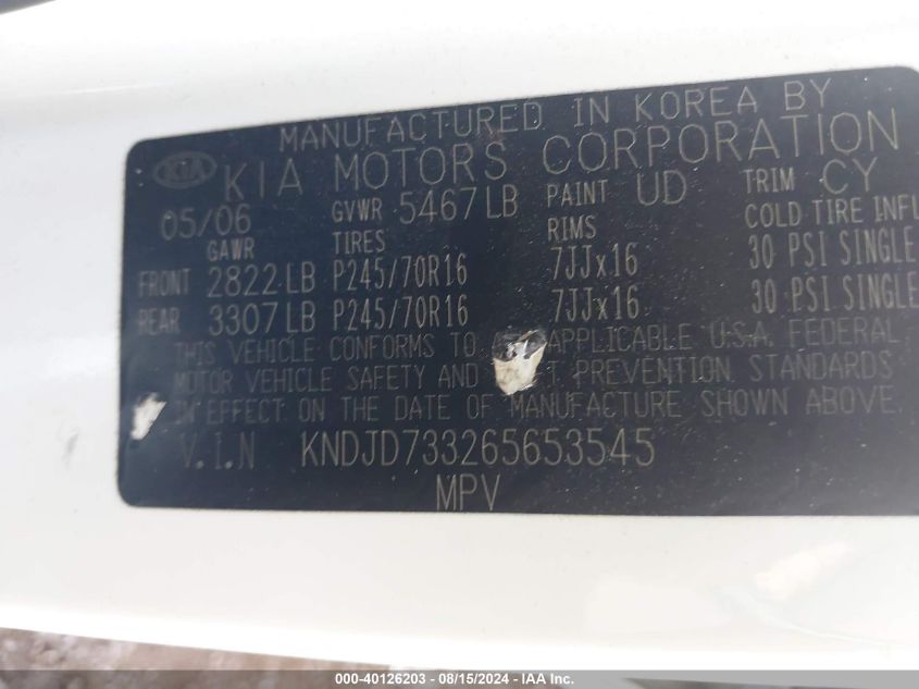 2006 Kia Sorento Ex/Lx VIN: KNDJD733265653545 Lot: 40126203