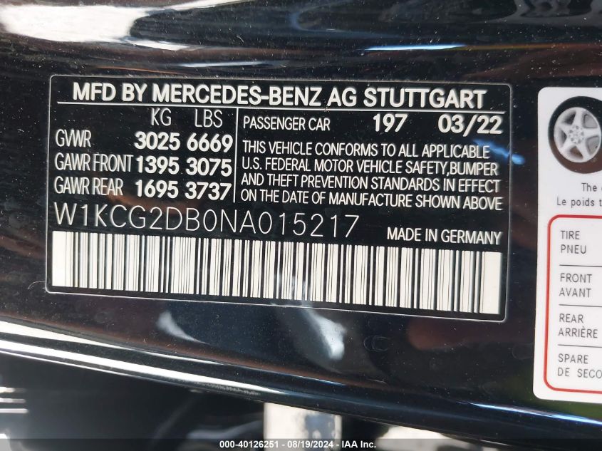 2022 Mercedes-Benz Eqs 450+ VIN: W1KCG2DB0NA015217 Lot: 40126251