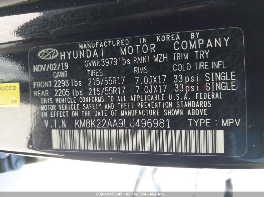 2020 Hyundai Kona Sel VIN: KM8K22AA9LU496981 Lot: 40126349