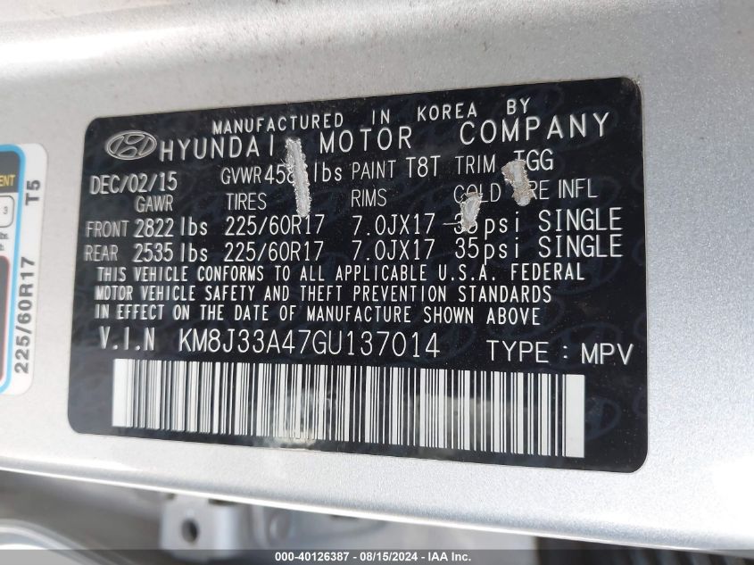 2016 Hyundai Tucson Se VIN: KM8J33A47GU137014 Lot: 40126387