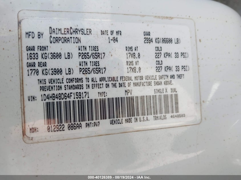 2004 Dodge Durango Slt VIN: 1D4HB48D64F159171 Lot: 40126389